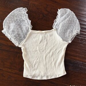 Altar'd State Cream Crop Top with Sheer Sleeves